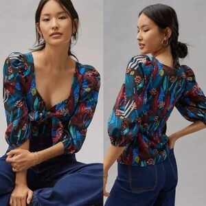 Anthropologie Eva Franco‎ Women's Size 4 Tropical Sweetheart Blouse Blue Floral